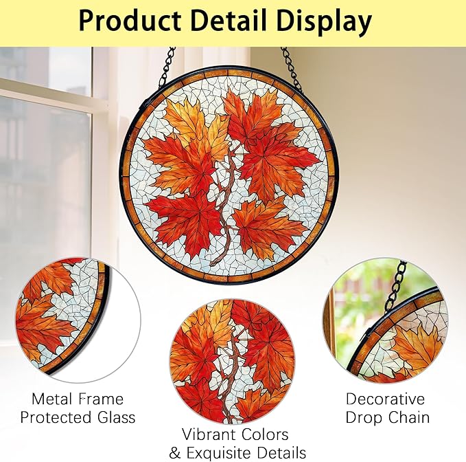 TNUW Fall Maple Leaf Stained Glass Window Hanging, Rustic Autumn Leaves Sun Catchers Indoor Window Glass Round Wall Art Decor, Fall Autumn Wall Hanging Decorations, 7.9＂x7.9＂