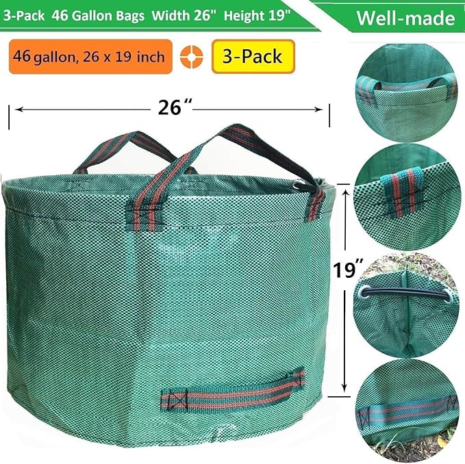 Standard 3-Pack 46 Gallon Yard Garden Bags (D26, H19 inch) with Garden Gloves, Yard Waste Bags,Recycling Bag,Camping Waste Bin,Laundry Bag,Lawn Debris,Grass Clippings,Leaf Bags,Weeds Barrel 4 Handles