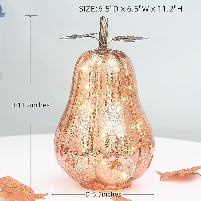 Mercury Glass Pumpkin Lights with Timer, Battery Operated Led Pumpkin Lights for Halloween Fall,Thanksgiving Rustic Decor (Rosegold Leafy, 11")