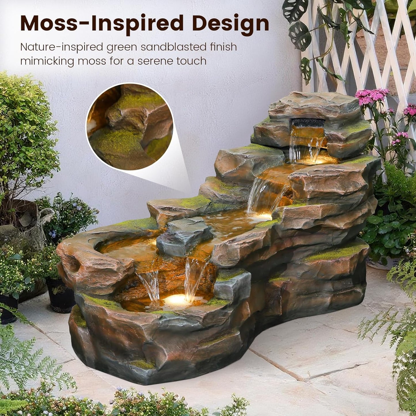 Water Fountain Outdoor Floor Standing 5-Tiers Rock Natural Waterfall Outdoor Garden Fountains with LED Lights for Patio, Porch, Home Art Decor