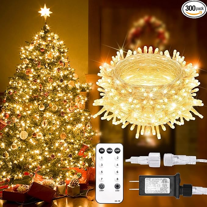 suddus 300 Led Connectable Christmas Lights Outdoor Waterproof, 99ft Christmas Tree Light Plug in with Remote, Warm White String Lights Indoor for Xmas Holiday Yard Party Porch Patio Garden Decor