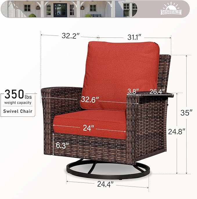 Patio Furniture Set of 2, Rattan Wicker Swivel Chairs with 5.5" Thick Cushions and 35" High Back, Oversized Outside Chairs for Balcony Porch Deck, Red
