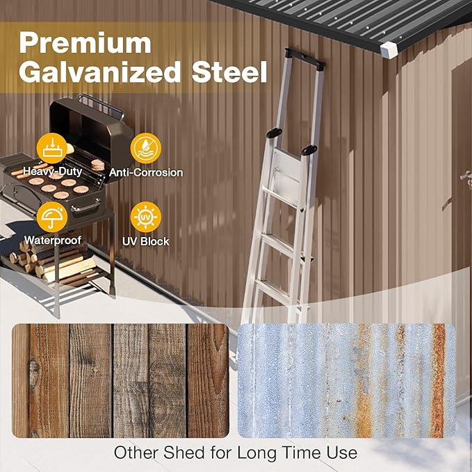 10x12 FT Outdoor Storage Shed Heavy-Duty Galvanized Steel Metal Garden Shed with Lockable Double Doors for Bike, Tool, Generator Storage in Backyard, Patio (10’x12’)