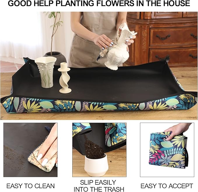 Oxford Houseplants Repotting Mat, Waterproof Indoor Plant Potting Tray, Foldable Bonsai Repotting Pad, Printed Soil Mess Workspace Cloth for Succulent, Cactus, Aloe Vers, 29.5 x 29.5