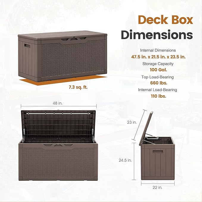 Greesum 100 Gallon Resin Patio Storage Box for Garden Tools, Outdoor Furniture Cushions, Pool Supplies, Dark Brown