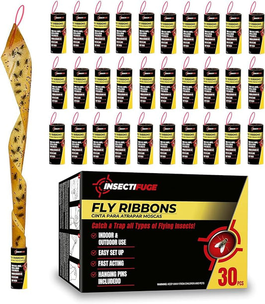 30Pcs Fly Strips Indoor Sticky Hanging with Pins - Fast Acting Fly Paper Indoor for Home, Tape Outdoor, Fruit Catchers for Inside, Ribbon Sticky Traps for Home