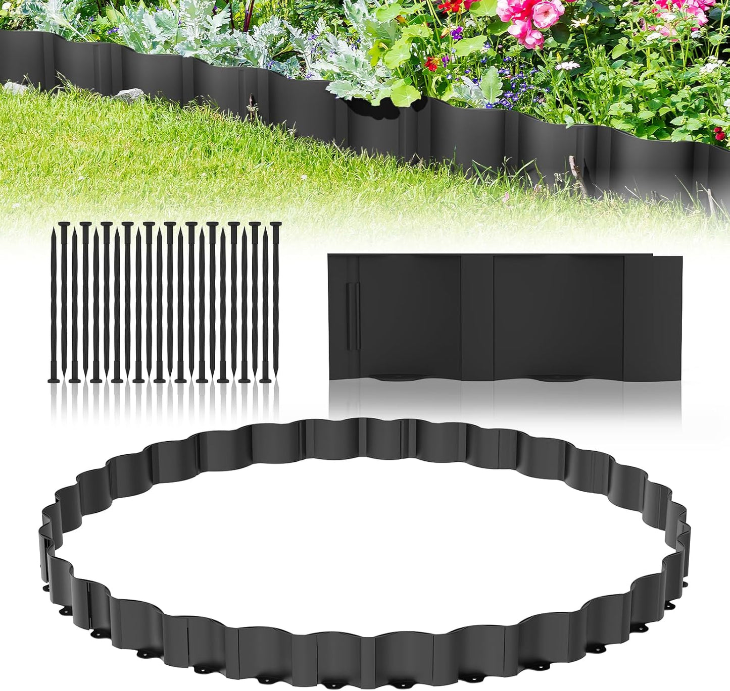 Mars Villa 40FT Landscape Edging No Dig, Interlocking Landscape Edging 5.9In Garden Edging Border with 64 Stakes, Plastic Flower Bed Border Flexible Edging for Landscaping, Lawn Patio (Black,32Pcs)