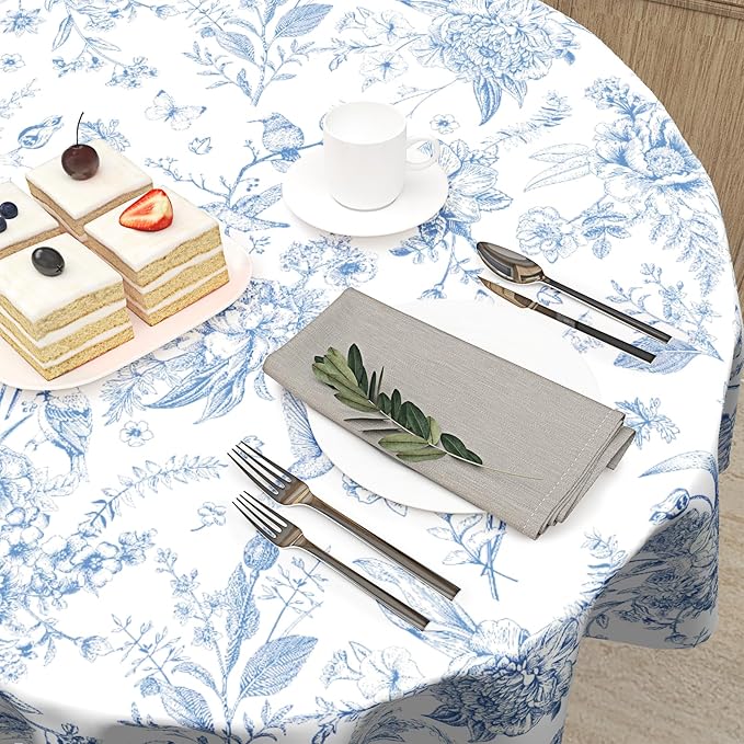Giwawa Chinoiserie Floral Round Tablecloth 60 Inch,Traditional Blue White Birds Flowers Reusable Washable Polyester Table Cloth Cover for Holiday Picnic Dinner Table Decor