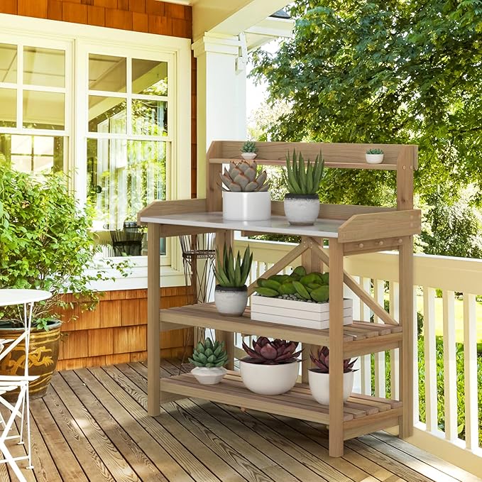 S AFSTAR Garden Potting Bench, Gardening Work Station Table with 2 Storage Shelves, Fir Wood Structure and Metal Tabletop, Gardening Table Potting Benches for Outside Backyard Balcony