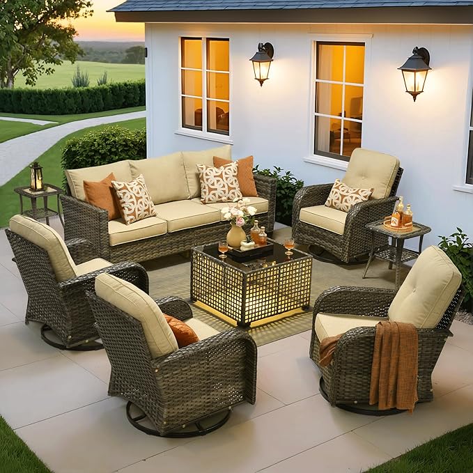 ovios 8 Pieces Patio Furniture Set, Outdoor Wicker Sofa Couch with Rocking Swivel Chairs Solar Lights Table, Modern Deep Seat Rattan Conversation Sets for Porch Deck, Beige