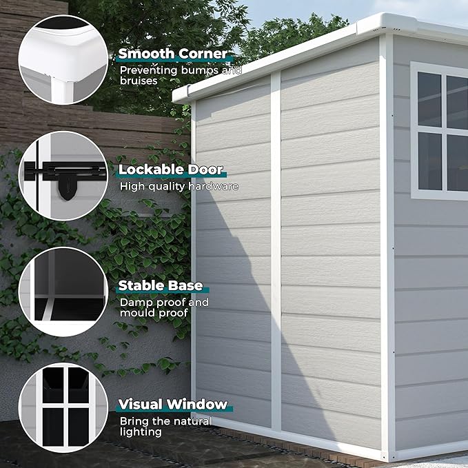 Outdoor Storage Shed 6x6 FT, Resin Lean to Shed with Floor, Window, Lockable Door, Waterproof Outside Sheds Patio Furniture Tool Shed for Bike, Garbage Can, Lawn Mower (Grey, 6 * 6ft)