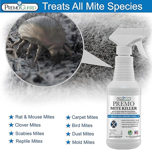 Premo Guard Mite Treatment Spray – 16 oz – Kills Dust, Scabies, Spider, Carpet, Bird, Mouse & Rat Mites in Home, on Furniture, Bedding – Natural Non-Toxic 100% Effective – Child & Pet Safe