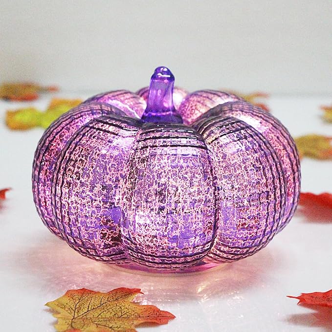 Mercury Glass Pumpkin Lights with Timer, Battery Operated Led Pumpkin Lights for Halloween Fall,Thanksgiving Rustic Decor (Purple Grid-Patterned, 5.5")