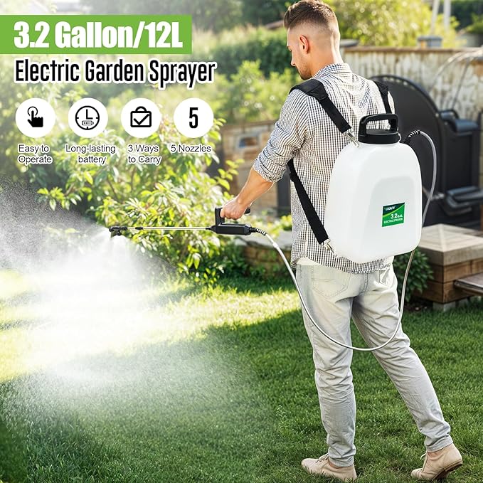 Battery Powered Sprayer 3.2 Gallon, VAXMAY Backpack Sprayer with 5 Mist Nozzles, Electric Garden Sprayer with USB Rechargeable Handle 32" Retractable Wand Portable Weed Sprayer for Lawn, Garden, Yard