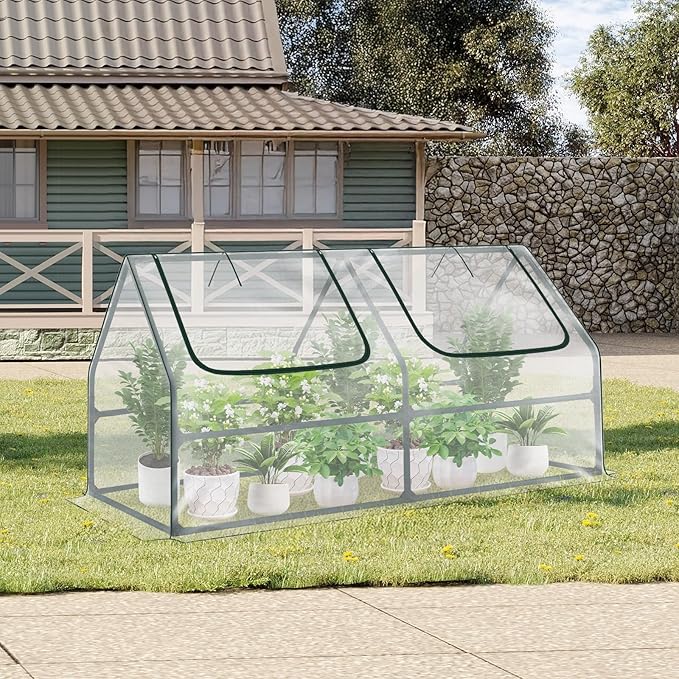 Aoodor 6 x 3 x 3 ft Mini Greenhouse with 2 Zipper Doors, Water-Resistant, UV-Protected for Flowers, Vegetables, and Herbs, Transparent