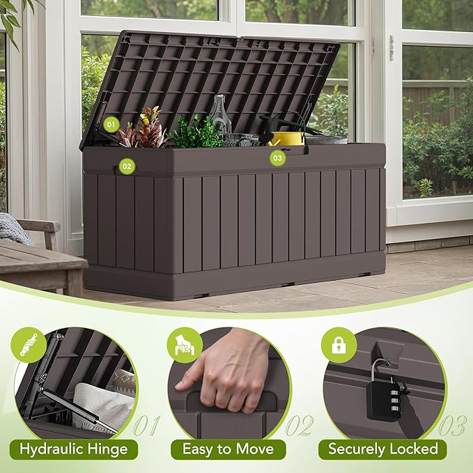 Devoko 78 Gallon Deck Box, Waterproof Resin Outdoor Storage Box for Outside and Patio, Outdoor Storage Bench Lockable for Patio Furniture, Garden Tools and Pool Supplies (Brown, 78 Gallon)