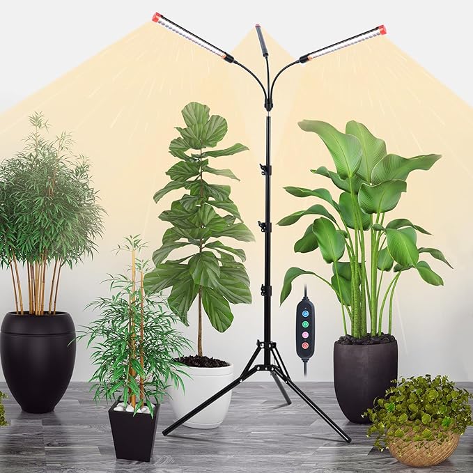 3-Head Grow Light with Stand and Timer, 27 Watt Power Home Plug LED Grow Lights for Indoor Plants for Tall Houseplants, Bonsai Tree, Seed Starting, 24"-64" Adjustable Height