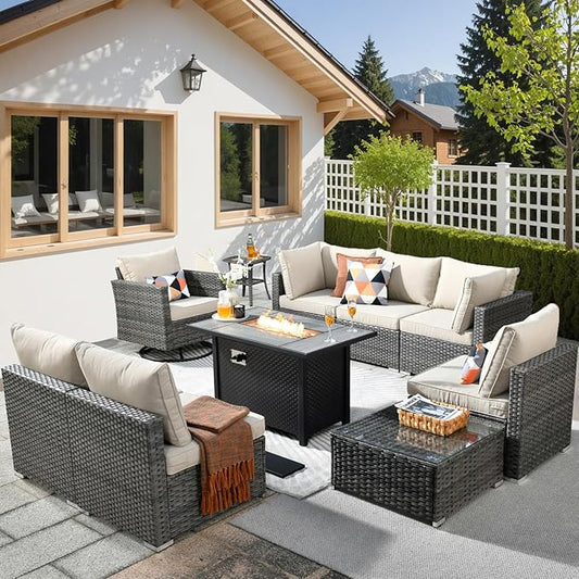 HOOOWOOO 10 Piece Patio Sectional Furniture Set with Fire Pit Table,Modern Wicker Outdoor Conversation Sofa Sets,Weather Resistant Modular L Shaped Outside Couch Swivel Chair Set(Beige)