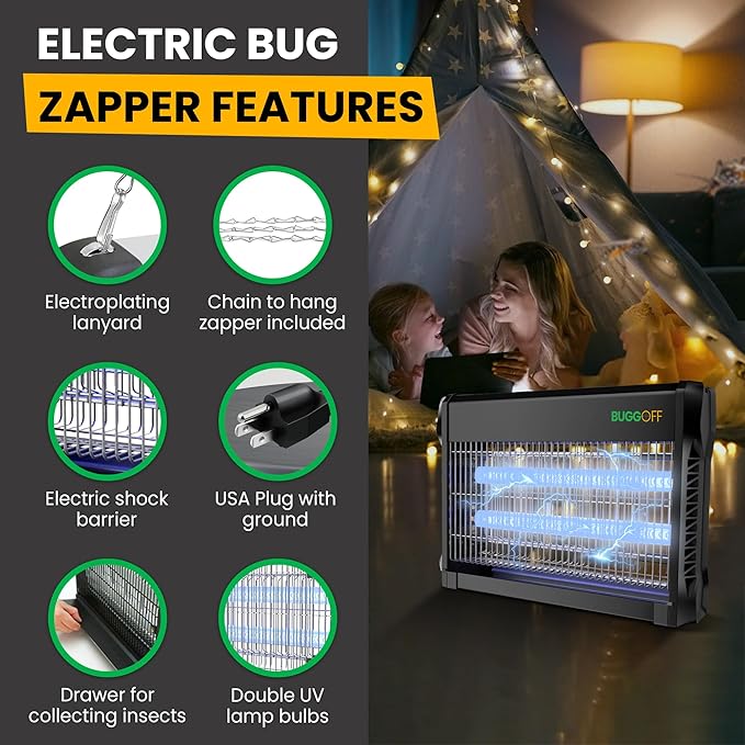 Black Modern Indoor Electric Bug Zapper, 2000 SQFT Coverage, 3500 Volts of Stunning Power, 40 Watts, Kills Mosquitos Gnats, Flys & More. 10 Year Warranty, X2 Free Repalcment Bulb (4 Pack)