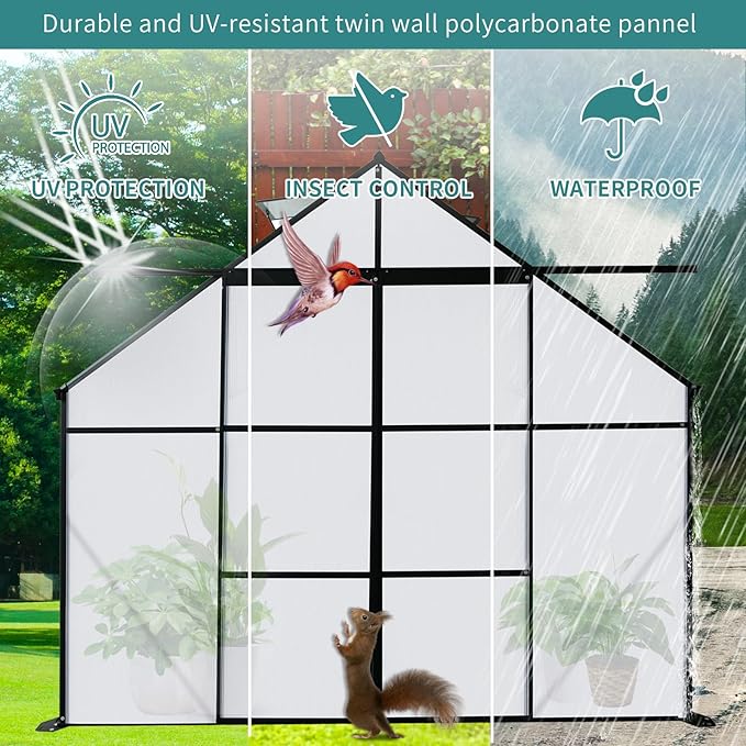 8X8 FT Greenhouses for Outdoors,Polycarbonate Greenhouse, Aluminum Heavy Duty Walk-in Green Houses, Adjustable Roof, Raised Base and Double Sliding Door for Outside Backyard, Black