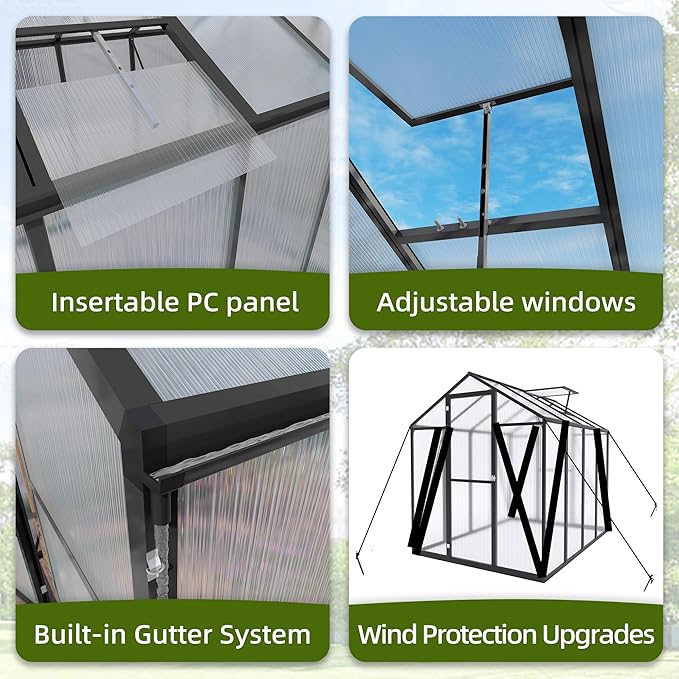 7.2FT High 6*8.2FT Greenhouse for Outdoors,Polycarbonate Greenhouse with Stronger Wind Protection and Roof Vent,Walk-in Large Aluminum Sunroom Winter Proof,Black