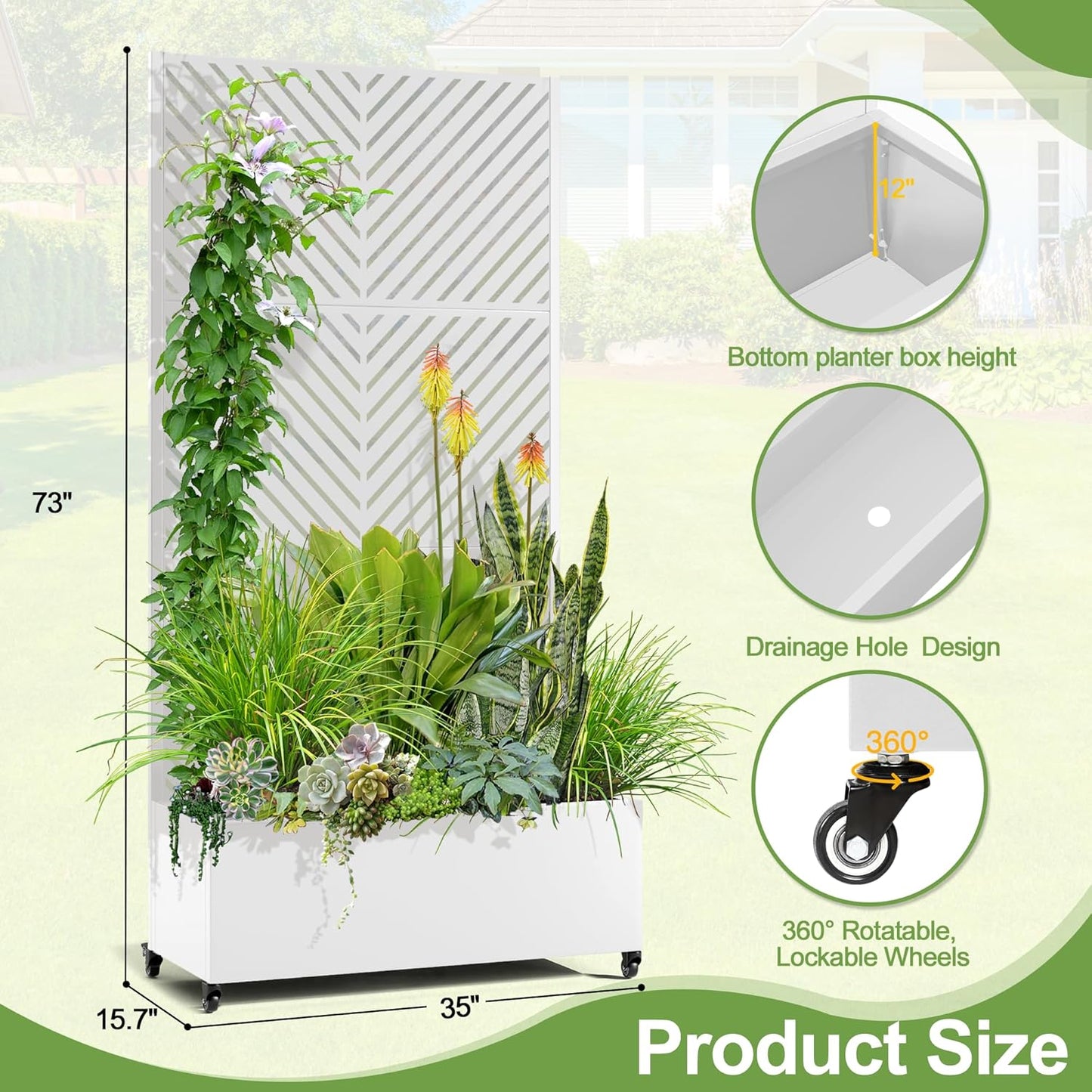 Raised Garden Bed with Trellis and Wheels,73"x35"x16" Metal Raised Garden Bed,White Parallel Metal Planter with Climbing Trellis for Vines & Vegetables