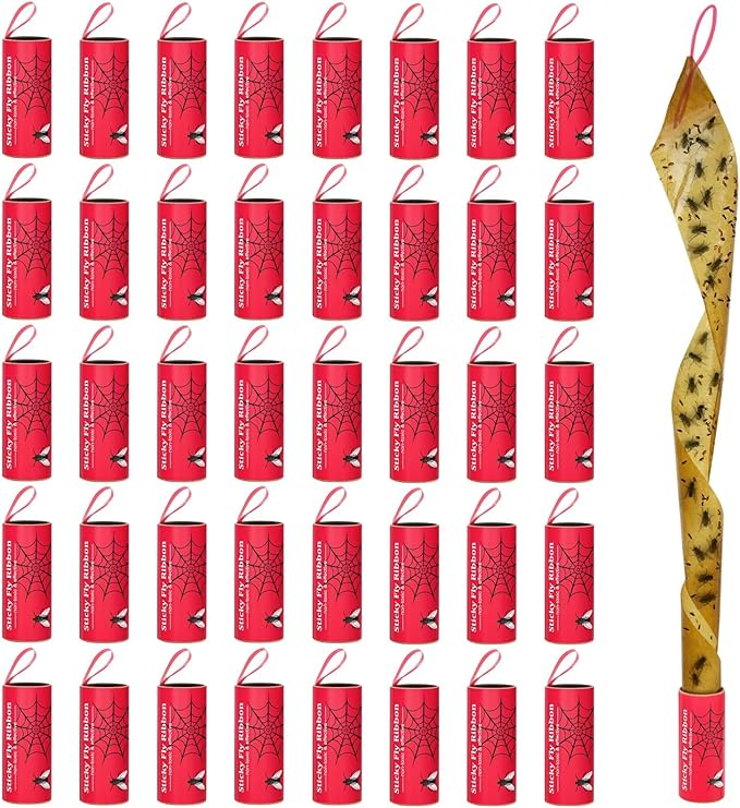 Stingmon 40 Pack Fly Trap, Fruit Fly Traps Indoor for Home, Fly Traps Outdoor Hanging, Flying Insect Trap, Fly Strips Tape Paper Ribbon, Gnat Traps for Bug, Insect, Pest, Mosquito, Red