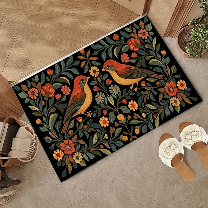 Front Door Mat,Vintage Flowers Birds Doormat Outside Entrance,Non-Slip Rustic Green Leaf Entryway Rug for Porch Patio, Felt Low Profile Welcome Mat Indoor for Hallways, 30 x 17 Inch