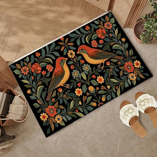 Front Door Mat,Vintage Flowers Birds Doormat Outside Entrance,Non-Slip Rustic Green Leaf Entryway Rug for Porch Patio, Felt Low Profile Welcome Mat Indoor for Hallways, 30 x 17 Inch