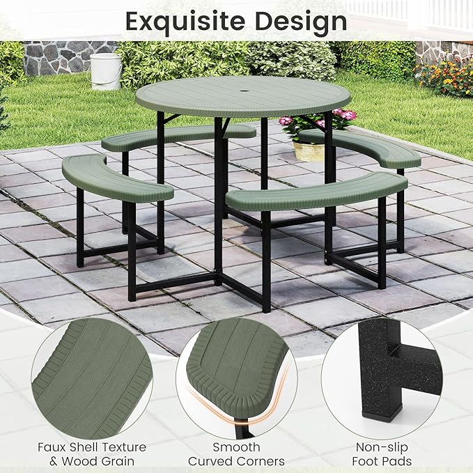 Tangkula 8 Person Picnic Table, HDPE Outdoor Round Table and Bench Set with 4 Built-in Benches, Umbrella Hole, Metal Frame for Garden Yard Patio Lawn