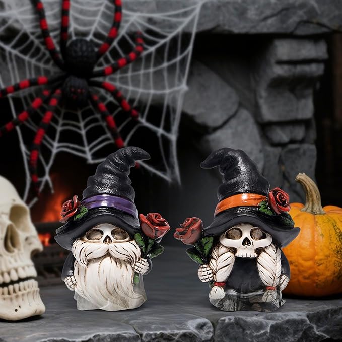 Hodao Halloween Gnomes Decorations Indoor, Resin Halloween Skull Head Handmade Figurines with Witch Hat & Rose Decor for Gift Home Bedroom Party Office Table - 2 Pcs, Black Hats