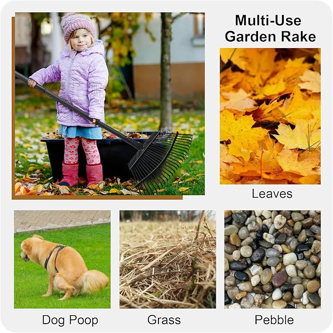 Rake for Leaves, 25 Metal Tines Wide Leaf Rake, 60'' Leaf Rakes for Lawns with Adjustable Steel Handle for Camping Flower Beds Mulch Shrub, Black