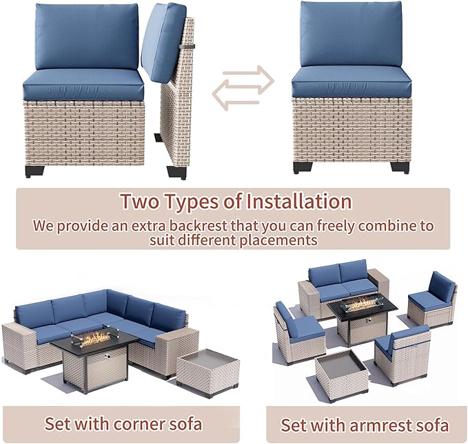 7 Pieces Patio Furniture Set with Fire Pit Table, Outdoor Sectional Wicker Sofa with Thickened Cushions and Coffee Table, High Back Rattan Patio Conversation Sets, Navy