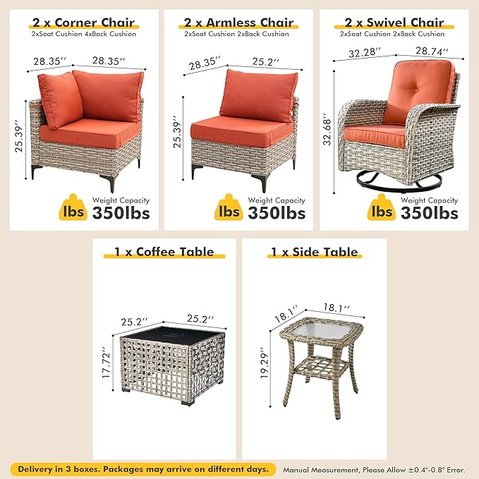 Outdoor Sectional Patio Furniture Set with Swivel Rocking Chairs and Glowing Table,8 Pieces Wicker Conversation Sets L Shaped Couch Out Door Sofa Outside Furniture for Garden Deck Yard Porch,Red