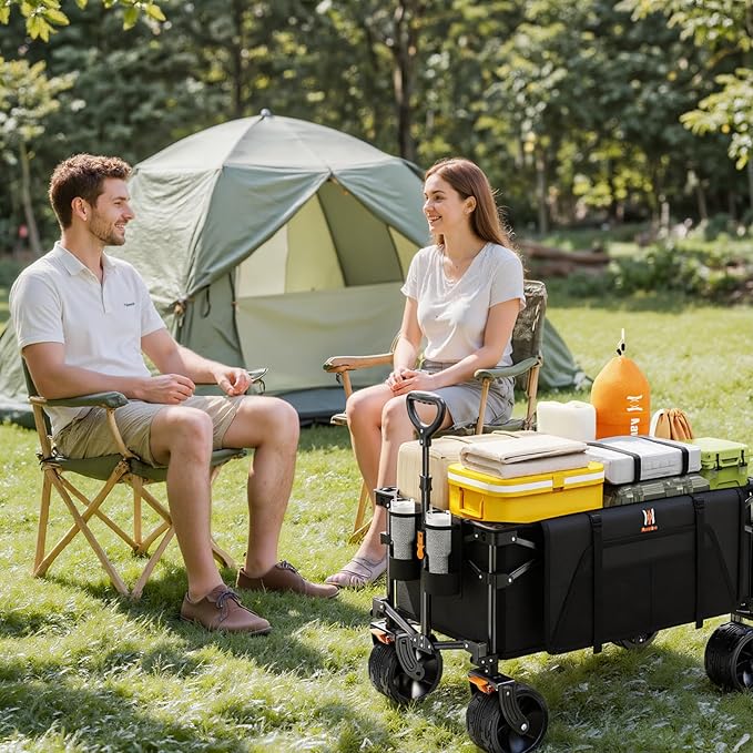 Navatiee Big Wheels Collapsible Wagon Cart Foldable, Heavy Duty Beach Wagon with Silent All-Terrain Wheels, Folding Utility Grocery Cart with Side Pocket and Brakes for Camping Garden Sports, Black