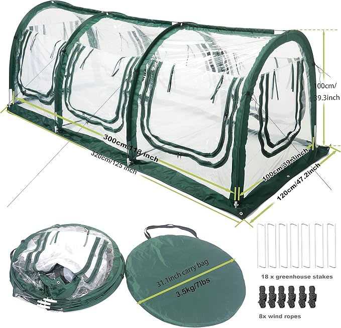 Poray Pop Up Tunnel Greenhouse Garden Portable Greenhouse Gardening Flower House Plant Sunshine Room with PVC Cover for Protecting Plant from Cold Frost & Birds Insects mesh