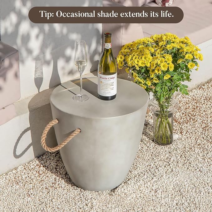 COSIEST Outdoor Shaped Side Table with Concrete Top & Hemp Rope Handles, 17'' Patio Accent Table for Garden