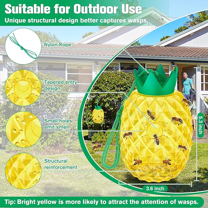 Wasp Traps, Honey Bee Trap for Outdoor Hanging, Sticky Yellow Jacket Insect Catcher, Reusable Insect Trap for Bees and Hornets, 2 Packs