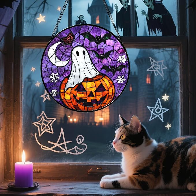 Stained Glass Window Hanging Halloween Horror Pumpkin 15" - Suncatcher Door Garden Sunroom Gothic Style Ghost Bat Sun Catcher Birthday for Friend Mom Men Woman Nana