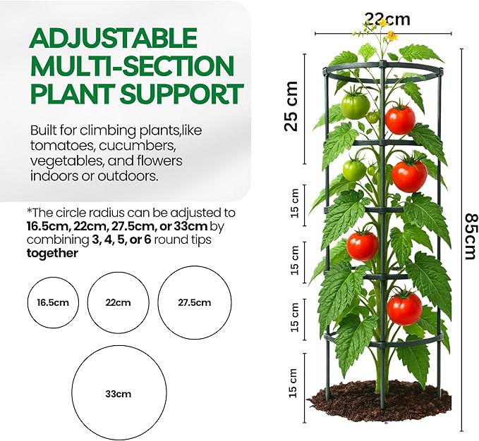 Tomato Cage – Trellis for Climbing Plants - Adjustable Plant Support Stakes, Monstera, Cucumber – Indoor/Outdoor, Tool-Free, Recycled Materials, Fits Greenhouse/Raised Beds (85cm x 22cm)