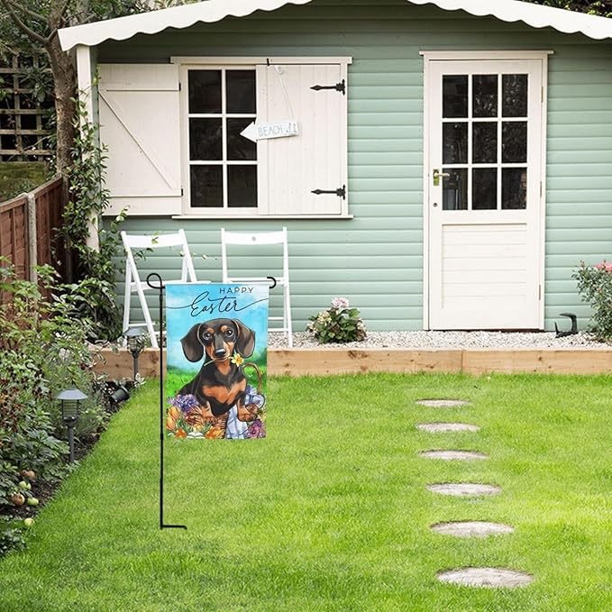 Flower Dachshund Dog Happy Easter Bunny Cute Egg Garden Flag Welcome Party Outdoor Outside Decorations Picks Home House Garden Yard Decor 12x18 Inch