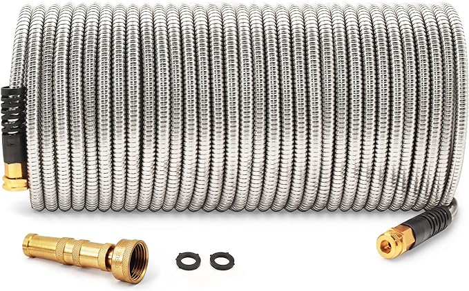 Cesun Metal Garden Hose 100 foot - 304 Stainless Steel Water Hose, Flexible, Lightweight and No-Kink Metal Hose with Brass Nozzle for Outdoor, Yard