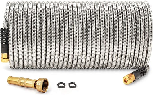 Cesun Metal Garden Hose 100 foot - 304 Stainless Steel Water Hose, Flexible, Lightweight and No-Kink Metal Hose with Brass Nozzle for Outdoor, Yard