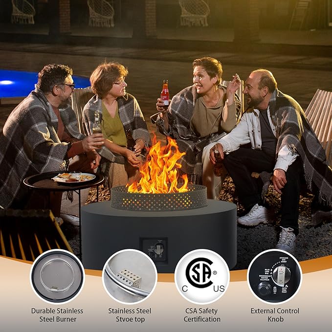 3-Piece Outdoor Fire Pit Table, 32 Inch Propane Fire Table 65,000 BTU Black Round Gas Firepit, Baking Sheet, Wind Guard and 16 inches Tank Side Table for Deck, Backyard and Pool, Black