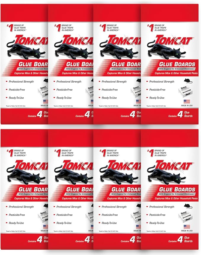 Tomcat Glue Boards with Immediate Grip Glue for Mice, Cockroaches, and Insects, Ready-to-Use, 8-Pack (32 Glue Boards)
