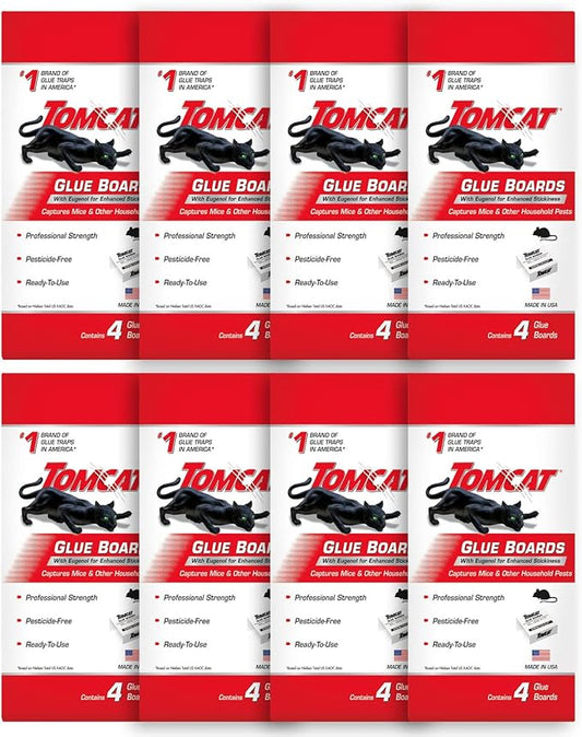 Tomcat Glue Boards with Immediate Grip Glue for Mice, Cockroaches, and Insects, Ready-to-Use, 8-Pack (32 Glue Boards)