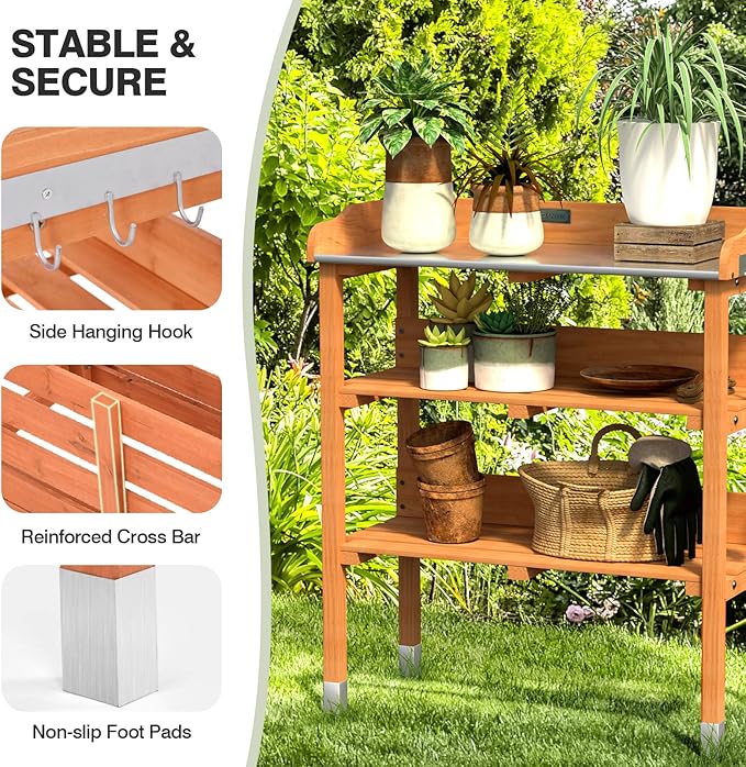 Giantex Garden Potting Bench, Outdoor Wood Workstation Table with Galvanized Steel Tabletop, 5 Hooks, 2-Tier Storage Shelves, Outside Work Station Potting Table with Raised Edge, Easy Assembly