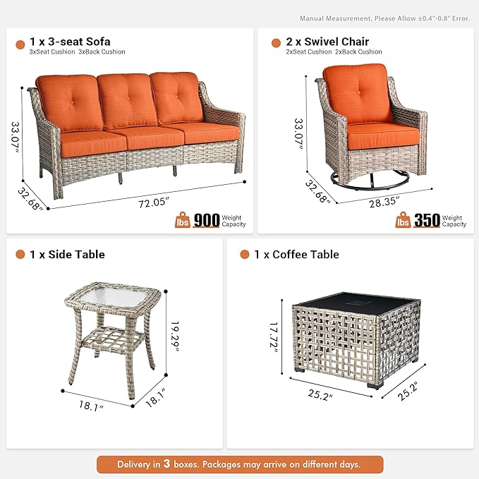 5 Pieces Patio Outdoor Furniture Set with Swivel Rocking Chairs,All Weather Wicker Rattan Patio Seating Sofa and Chair Set w/Glowing Table,Outdoor Conversation Sets for Deck Yard Garden,Orange Red