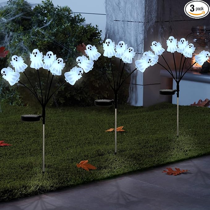 Solar Halloween Pathway Lights 3 Pack Ghost Stake Lights Outdoor 2 Modes Cool White LEDs for Garden Yard Patio