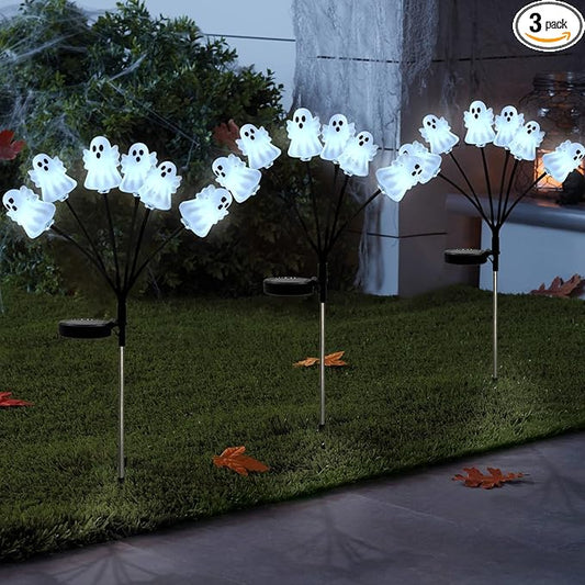 Solar Halloween Pathway Lights 3 Pack Ghost Stake Lights Outdoor 2 Modes Cool White LEDs for Garden Yard Patio